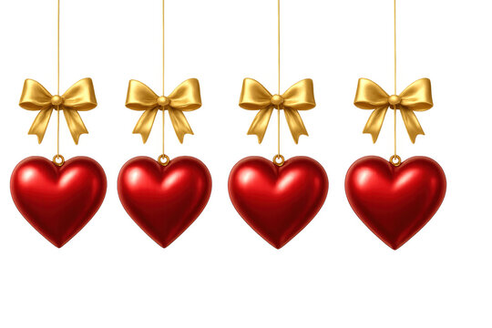 Four red hearts hanging with golden bows