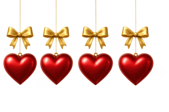Four red hearts hanging with golden bows