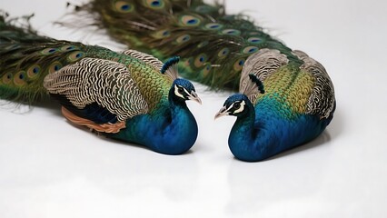 Naklejka premium Two peacocks with vividly colored feathers are lying on a white background, showcasing their beautiful plumage.