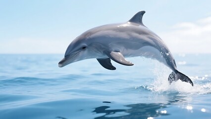 Fototapeta premium A dolphin is seen leaping energetically out of the clear blue ocean water, showcasing its graceful movement.