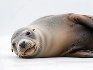 A sea lion is lying on the ground with a relaxed expression, showcasing its smooth fur and gentle features.