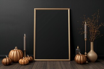 Still life with golden frame pumpkins candles and vase against a dark wall on wooden floor