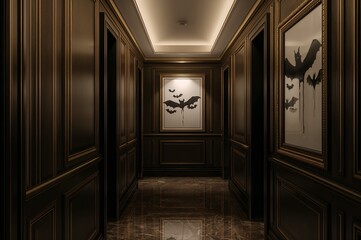A dark hallway with framed bat artwork on the walls illuminated by overhead lighting fixtures