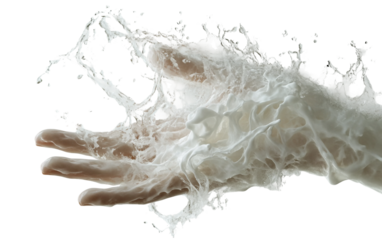 Human hand made of flowing water splashes symbolizing fluidity transformation and artistic digital concept isolated on transparent background PNG