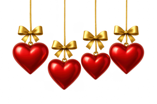 Hanging glossy red hearts with golden bows for valentine's day
