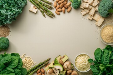 Overhead shot of fresh vegetables tofu almonds and grains arranged on a light colored surface