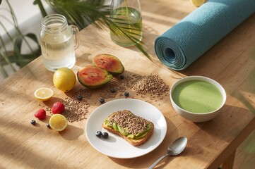 A wooden table displaying a yoga mat, avocado toast, smoothie, fruit, and a glass of water in natural light