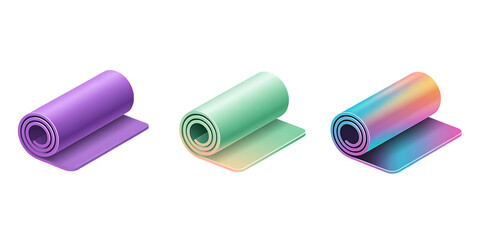 Colorful Rolled Yoga Mats Isolated on White – Fitness and Wellness Equipment PNG