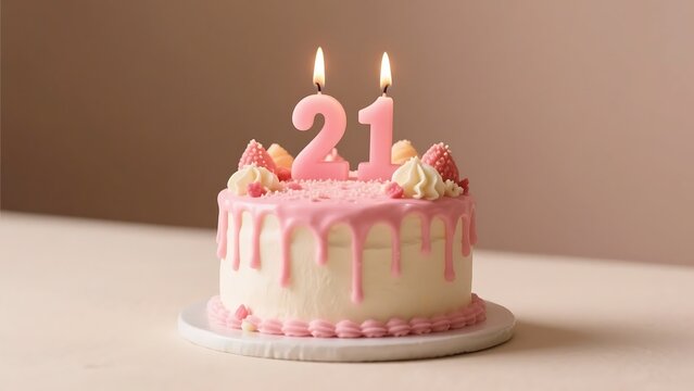 A delicious 21st birthday cake with pink icing and two lit candles, perfect for celebration.