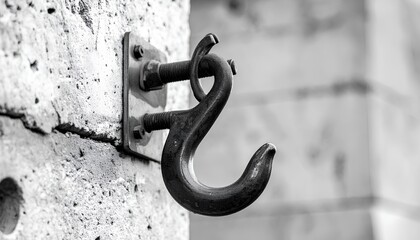 Close-Up Black and White Photo of a Metal J-Hook Mounted on a Rough Concrete Wall
