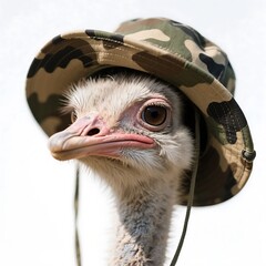 Ostrich with a camouflage hat on its head, showing a curious expression in close-up view.