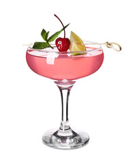 Glass of tasty Cosmopolitan cocktail garnished with lime slice, cherry and mint leaves on white background
