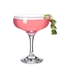 Glass of tasty Cosmopolitan cocktail garnished with lime peel on white background