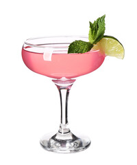 Glass of tasty Cosmopolitan cocktail garnished with lime slice and mint leaves on white background