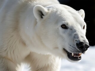 A close-up view of a polar bear showcasing its white fur in a snowy setting, highlighting its natural arctic habitat.