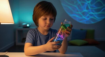 Autistic child gently holds vibrant sensory bottle, observing colorful swirling liquid. This neurodivergent boy finds calm focus in his cozy room, bathed in soft ambient light.