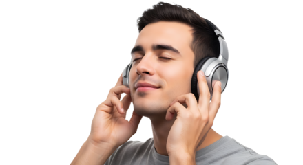 A young man closes his eyes, lost in the music he's listening to, enjoying the immersive sound experience of headphones.