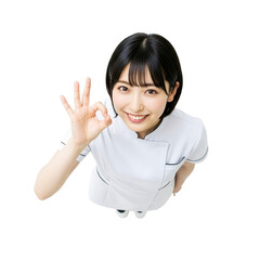 OKサインをする白衣の若い女性看護師（俯瞰・切り抜き・コピースペース・白バック）	