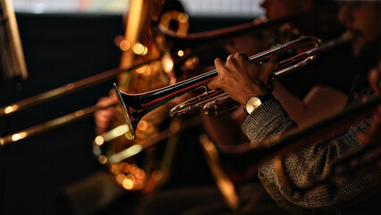 Close up of musician playing trumpet during concert