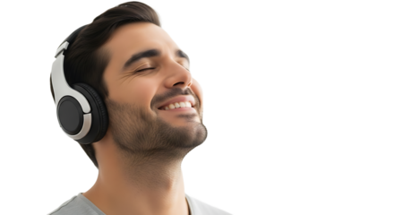 A man is listening to music, smiling, and relaxing while wearing headphones. Enjoying the sound with his eyes closed.
