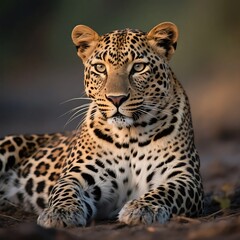 Obraz premium A beautiful leopard with distinctive spots is resting on the ground, showcasing its natural wild beauty.