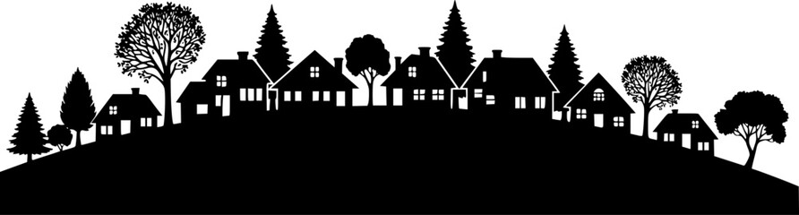 Neighborhood silhouette. This image portrays a collection of houses and trees in silhouette, showcasing a peaceful residential area with a scenic slope. Vector clipart illustration design.