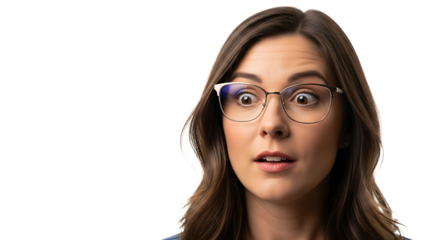 A young woman with brown hair and glasses shows a surprised and somewhat concerned expression on her face.