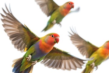 Fototapeta premium Three colorful lovebirds are seen flying with their wings spread wide, displaying their bright and varied plumage.
