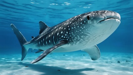 Fototapeta premium A whale shark with distinctive spots swimming gracefully in the clear blue ocean water, showcasing its majestic presence in the marine environment.