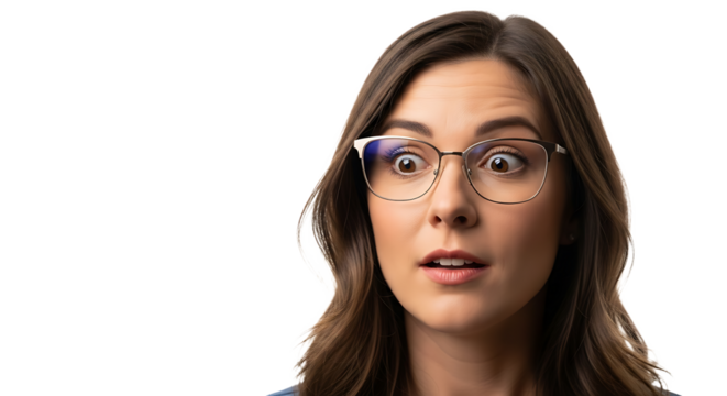 A young woman with brown hair and glasses shows a surprised and somewhat concerned expression on her face.