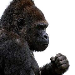 Obraz premium A close-up view of a gorilla highlighting its thick fur and strong facial features in a natural setting.