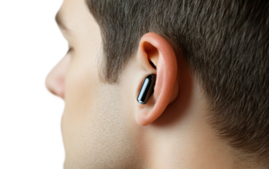 Human ear wearing wireless translation earbud representing advanced wearable technology and real-time language communication isolated on transparent background PNG