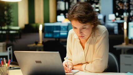 Employee works after hours organizing and scheduling tasks for a corporate project. Surrounded by files, she focuses on budgeting and objectives to achieve company targets at night. Camera B.