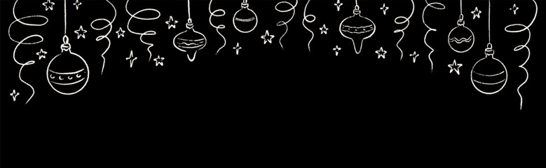 Merry Christmas and happy New Year hand drawn doodle background with Christmas tree ornament bauble, ball and decoration. Chalk border scribble on the blackboard. Xmas holiday pattern