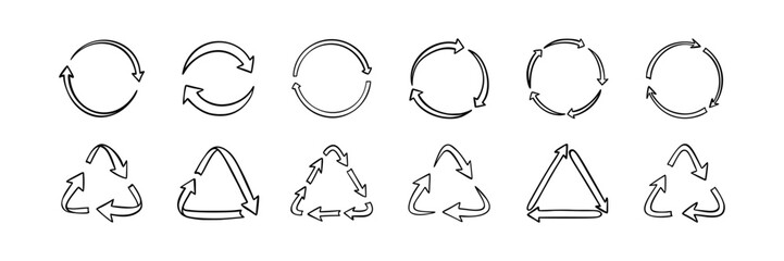 Set of doodle handwriting recycle symbols. Circle round arrow sign. Hand drawn reuse repeat cycle icon. Crayon vector line ecology drawing. Refresh, reset, download scribble illustration