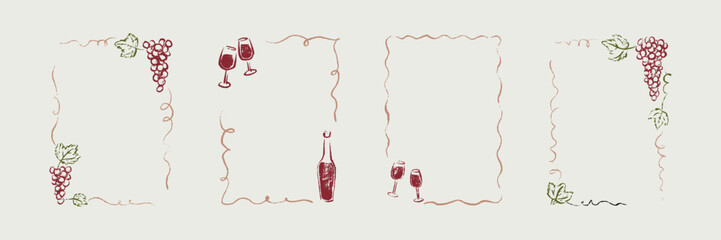 Set of hand drawn chalk, crayon, charcoal, pencil frames with grape vine, bottle and wineglass. Doodle sketch rectangle border design element for restaurant, menu, bar poster, bachelorette invitation
