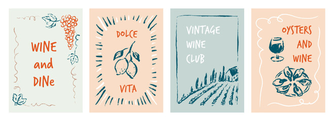 Set of hand drawn doodle crayon, chalk, pastel, paintbrush wine poster. Pencil sketch drawing for vineyard, vinery design, Italian, French wine farm. Tuscany scenery landscape with chateau and cypress