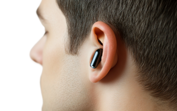 Human ear wearing wireless translation earbud representing advanced wearable technology and real-time language communication isolated on transparent background PNG