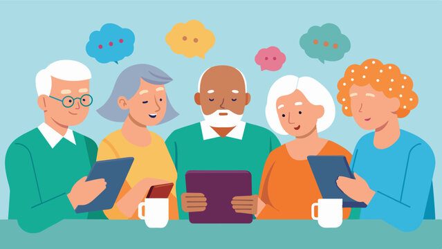 A group of seniors in a retirement home all gathered around a table each with a tablet in hand playing brain games together as a group activity.. Vector illustration