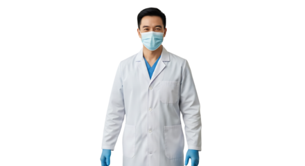 A doctor is shown looking at the camera with a white coat, blue gloves, and a surgical mask against a transparent background.