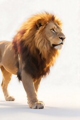 A majestic lion with a thick golden mane is walking in a bright and clear setting, showcasing its noble and powerful presence.