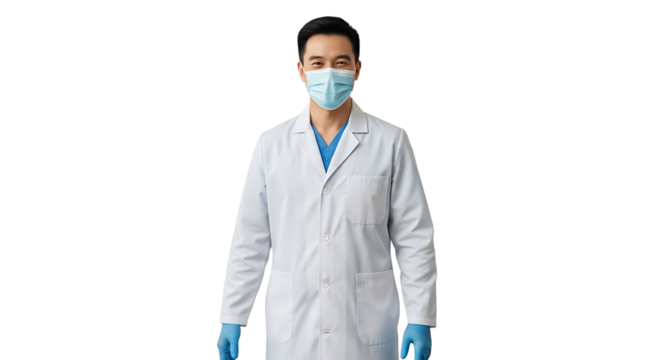 A doctor is shown looking at the camera with a white coat, blue gloves, and a surgical mask against a transparent background.