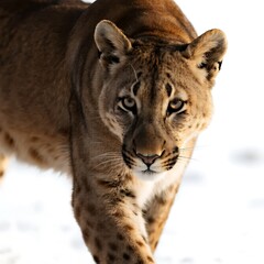 Obraz premium A close-up of a big cat walking through a snowy area, showcasing its unique fur and alert expression.