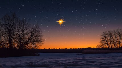 Stunning celestial star shines brightly over a serene winter landscape at twilight, inspiring hope and wonder