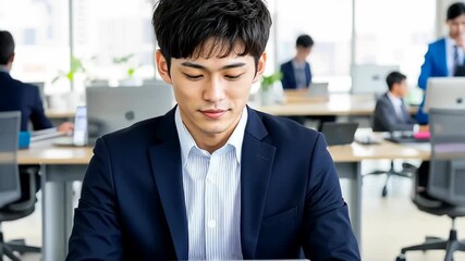 Focused Professional in Office: A focused individual, absorbed in their task at a modern office, surrounded by colleagues. A vision of modern professional work.