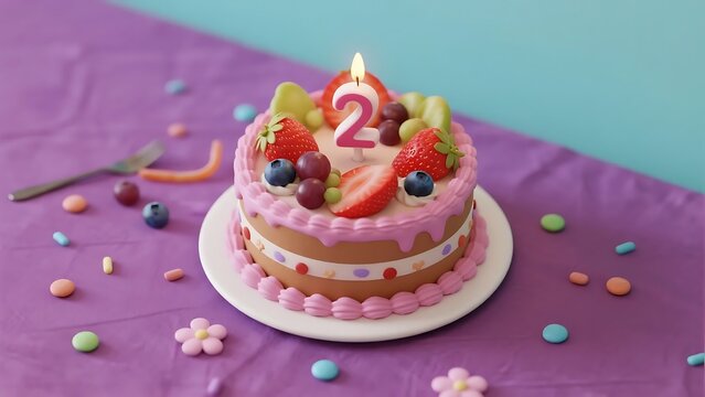 A colorful birthday cake adorned with fresh fruits and a number 2 candle, perfect for a small celebration.