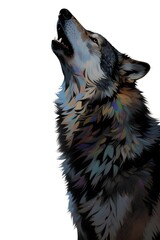 A vividly colored wolf is howling, showcasing detailed and colorful fur in an artistic depiction.