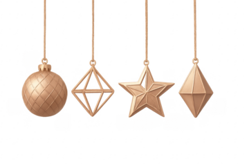 Holiday gold geometric ornaments hanging on transparent background