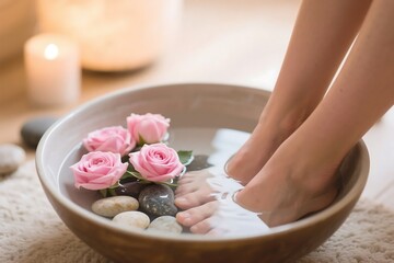 A relaxing foot bath with pink roses and stones in a bowl, creating a serene and calming spa-like atmosphere.
