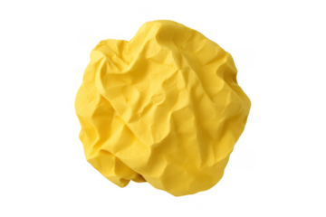 Yellow crumpled paper ball isolated on a transparent background, symbolizing a rejected idea, mistake, or creative block
